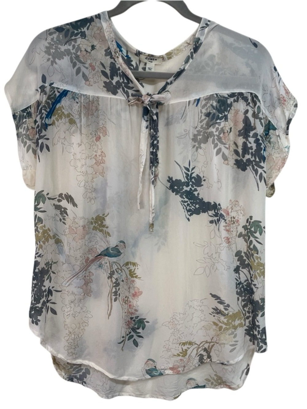 Dylan Womens Top Large Button Up Bow Gauzy Sheer Boho Beachy Birds